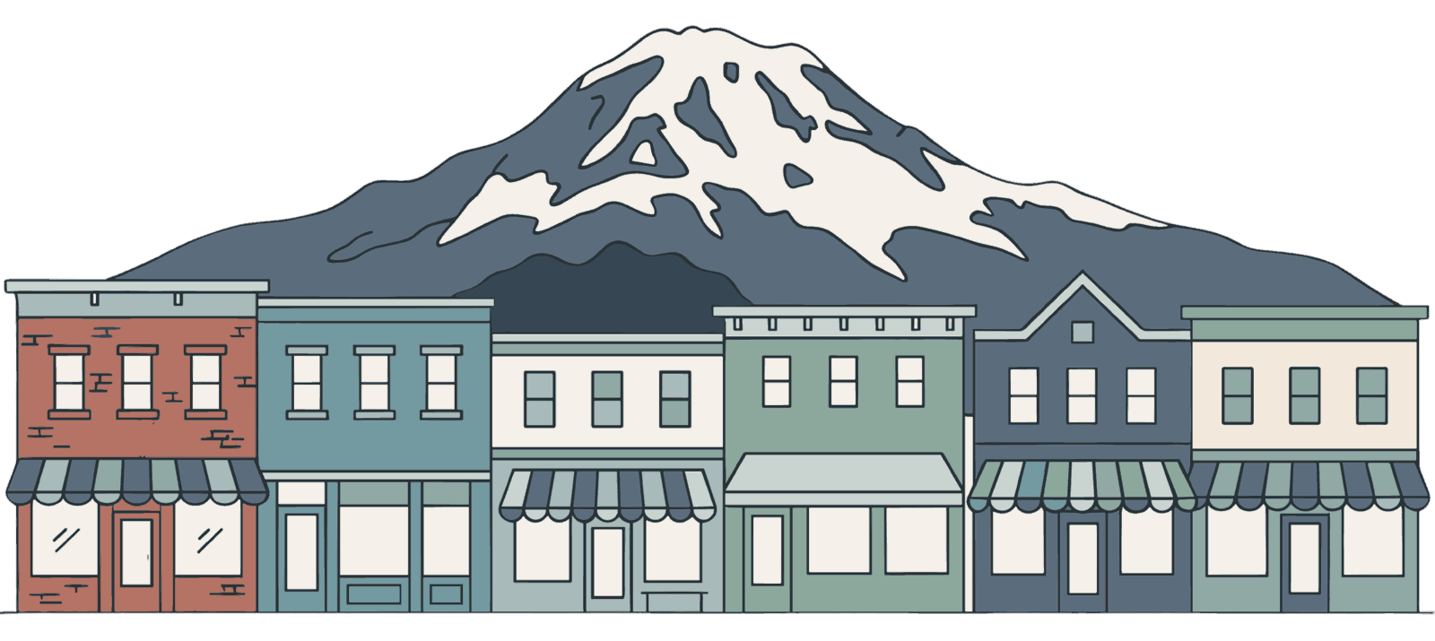 Illustration of downtown Orting storefronts with Mount Rainier behind